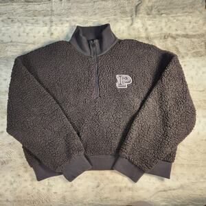 Victoria's Secret PINK Black Sherpa Cropped Half Zip Pullover Sweater Size L